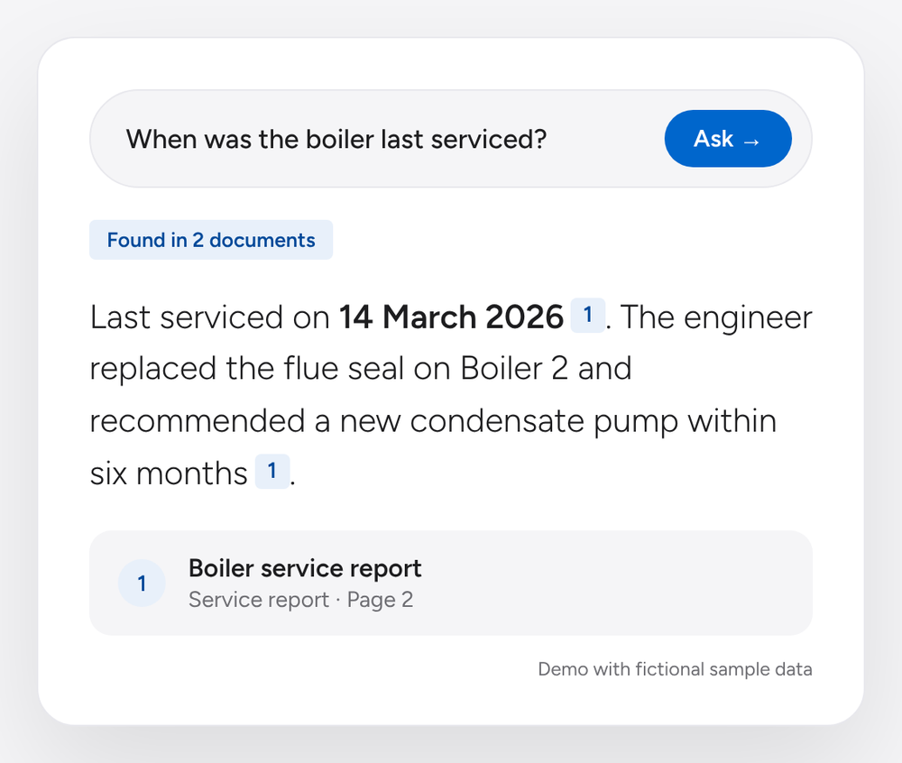 A Building Search answer showing the source document and page