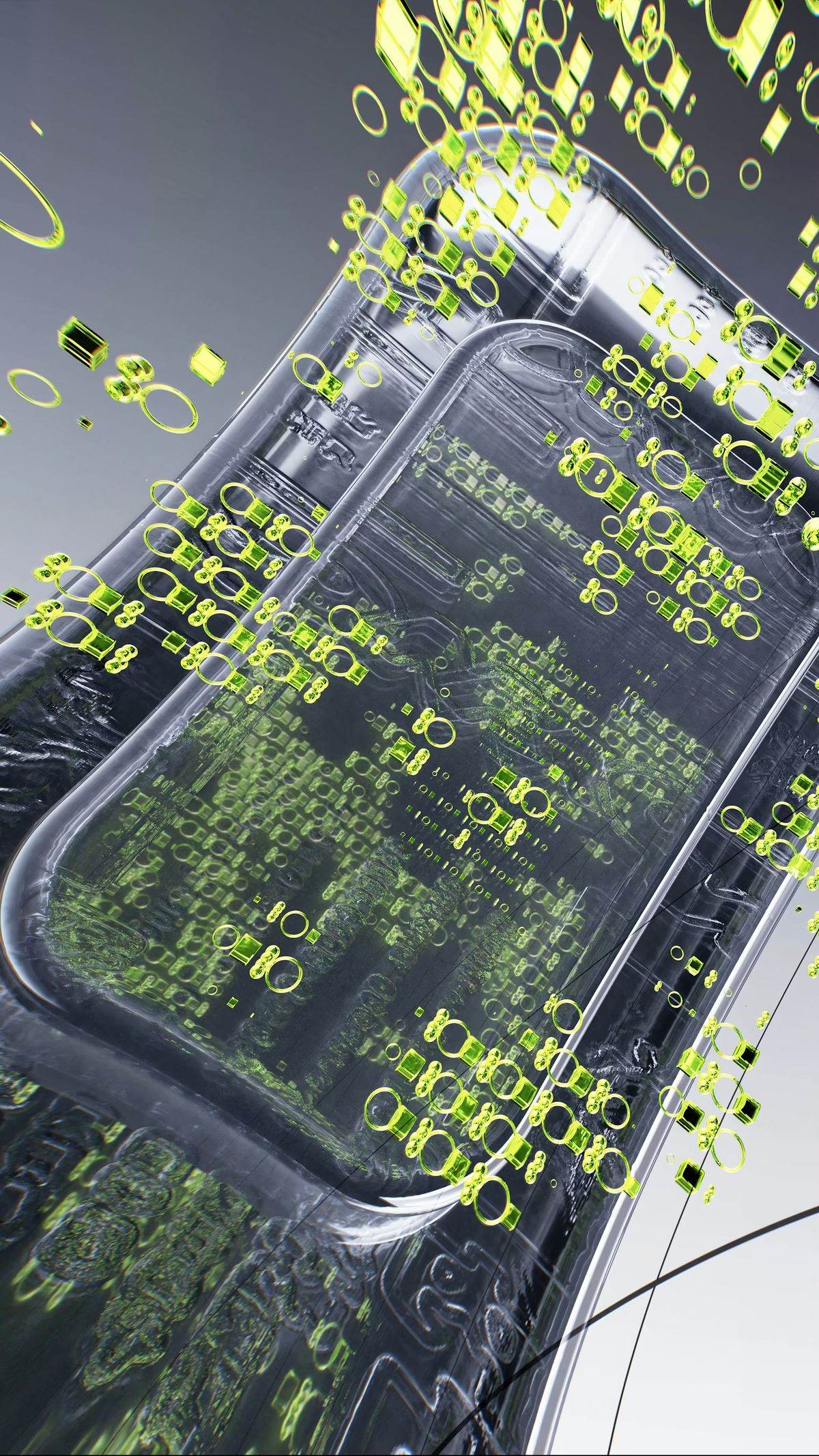 An abstract render of glossy green binary code on a smooth surface