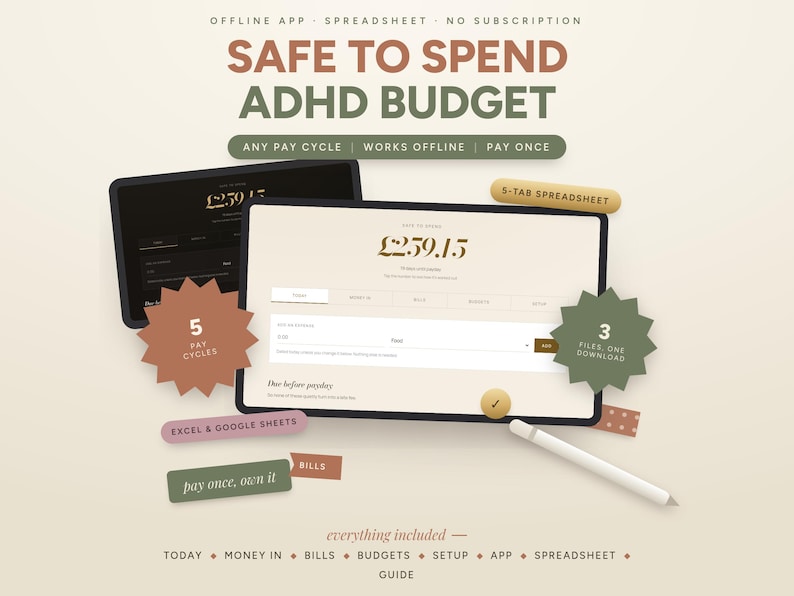 ADHD budget planner app and spreadsheet with a safe-to-spend dashboard by Brite Tech Lifestyle