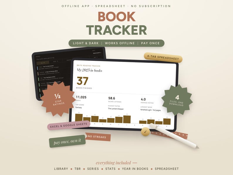 Book tracker app and spreadsheet with a reading log, TBR list and series tracker by Brite Tech Lifestyle
