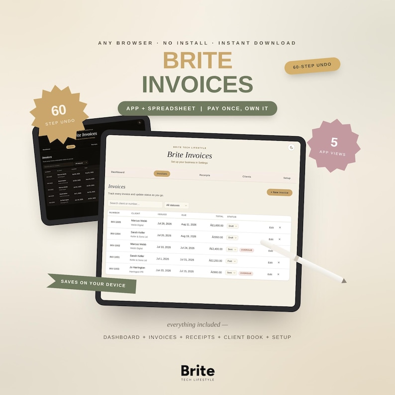 Invoice template, tracker and receipt generator app and spreadsheet by Brite Tech Lifestyle