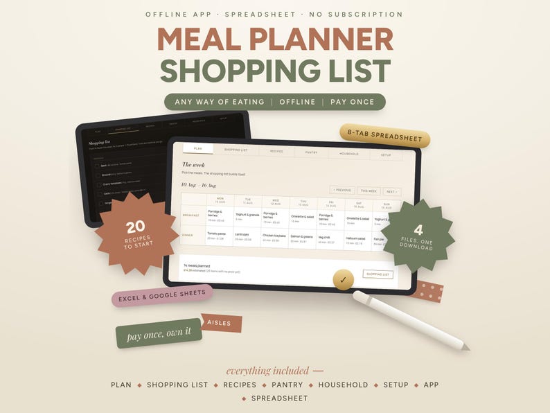 Meal planner app and spreadsheet with an auto grocery list generator by Brite Tech Lifestyle