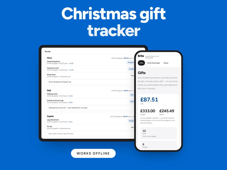 Minimalist Christmas gift tracker app and spreadsheet, Clean Edition, by Brite Tech Lifestyle