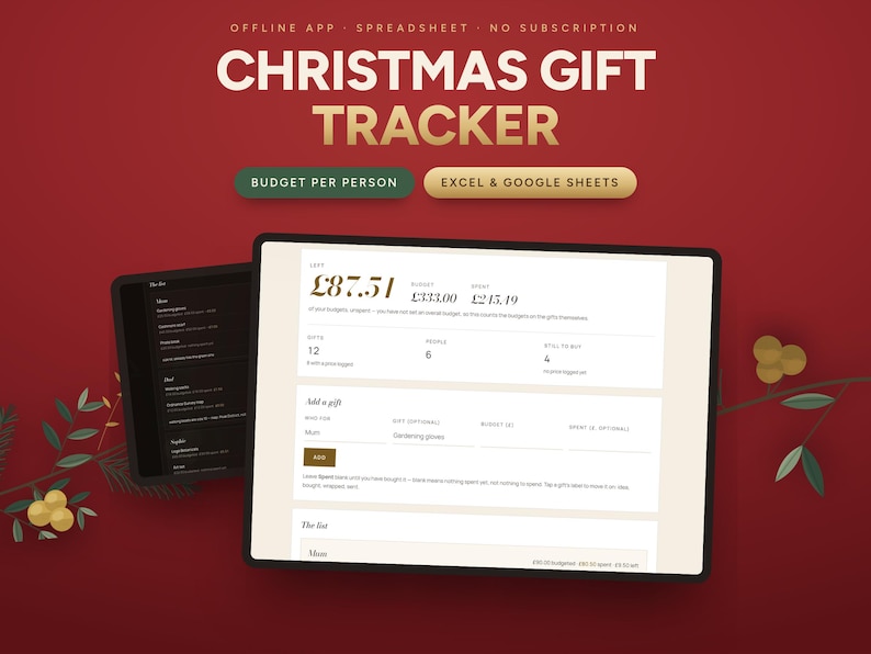 Christmas gift tracker spreadsheet and offline budget app by Brite Tech Lifestyle